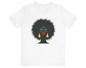 Black Culture Afro T-Shirt, Artistic Natural Hair, Green Eyeshadow, Red Lips Yellow Earrings, Heritage Tee, Juneteenth, Black History Month