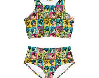 Vintage Retro Pop Art High Waist Bikini Two-Piece Set Vibrant Summer Pool Women's Swimwear Beachwear Vacation Swimsuit Sporty Bikini Set
