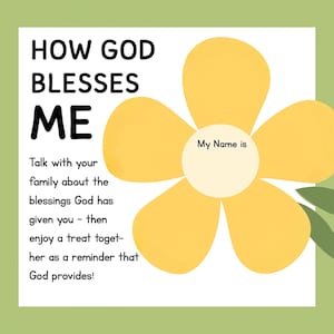 Puede incluir: Una tarjeta cuadrada blanca con el texto "HOW GOD BLESSES ME" en negro. Un gráfico de flor amarilla está a la derecha, con las palabras "My Name is" en el centro. La tarjeta fomenta las discusiones familiares sobre las bendiciones.