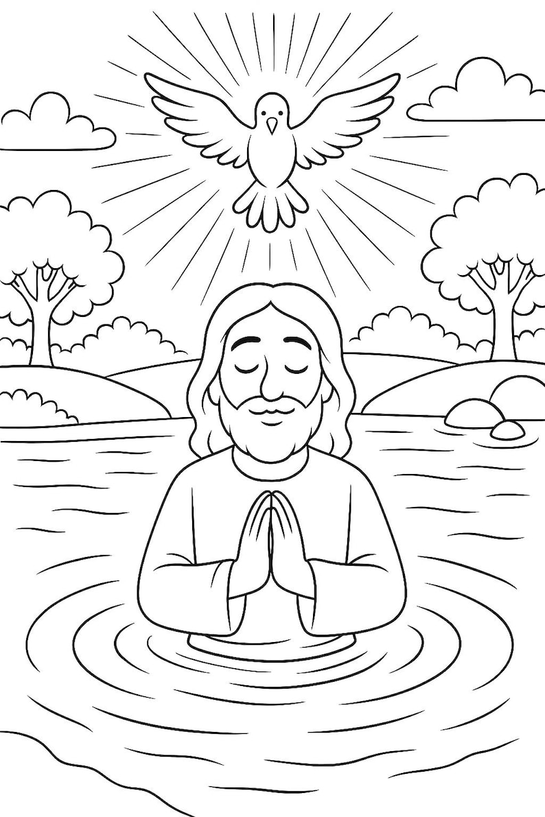 Jesus Baptism Coloring Pages: Sunday School Bible Story Activity (PDF ...