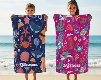 Personalized Kids Beach Towel, Custom Name Ocean Towel, Boy Girl Summer Towel, Shark Mermaid Beach Towel, Toddler Pool Towel Gift