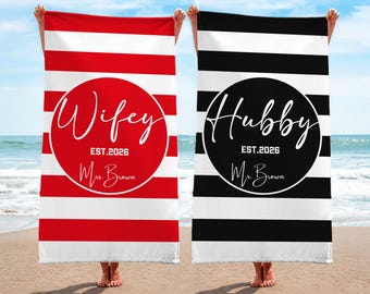 Personalized Wifey Hubby Beach Towel: Mr. and Mrs. Honeymoon Gift
