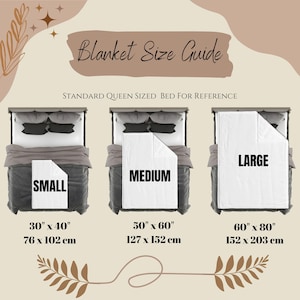 May include: A blanket size guide showing three blanket sizes: small (30" x 40"), medium (50" x 60"), and large (60" x 80"). Each blanket is displayed on a queen-sized bed for reference. The guide includes measurements in inches and centimeters.