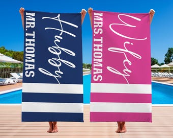 Personalized Wifey Hubby Beach Towel: Mr. and Mrs. Honeymoon Gift