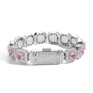 Iced Out Pink Zircon Octagonal Link Bracelet: Women&#39;s Prom Jewelry