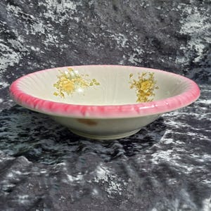 May include: A vintage, off-white ceramic bowl with a pink rim and floral design. The bowl features yellow roses and green leaves. The rim is a bright pink color. The bowl is a classic piece of kitchenware.