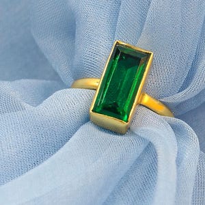 Gold Plated Emerald Green Ring | Rectangular Gemstone Ring | Handmade May Birthstone Jewelry | Minimalist Gift for Her