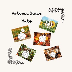 May include: An image with the text "Autumn Shape Mats" features five images of autumn-themed shapes. The shapes are geometric outlines of a pumpkin, sunflower, leaf, apple, and acorn, each set against a background of the actual object.