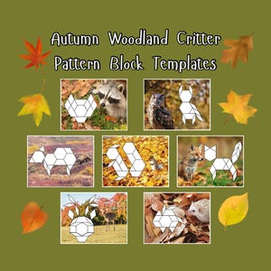 May include: An olive green graphic with the text "Autumn Woodland Critter Pattern Block Templates." The image features various woodland animals, each paired with a geometric pattern block representation. Colorful autumn leaves are scattered around the image.