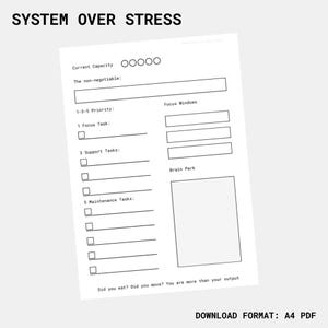 May include: A white planner sheet with the text "SYSTEM OVER STRESS" at the top. The sheet includes sections for tasks, focus windows, and a brain park area. The bottom of the sheet reads "Did you eat? Did you move? You are more than your output."