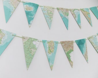 Garland of Map bunting - upcycled garland made from a vintage world atlas - eco friendly wedding decor - recycled banner
