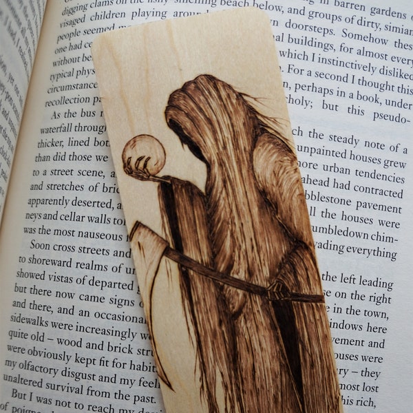 Death dark art wooden bookmark, tarot card design, terry Pratchett