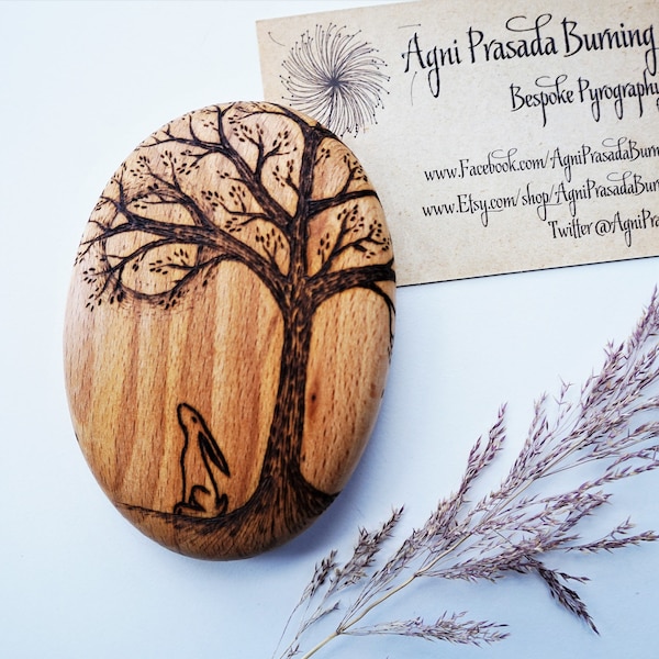 Moon Gazing Hare solid wood pyrography pebble