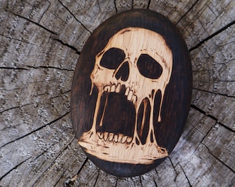 Gothic skull home decor, handmade pyrography wooden pebble