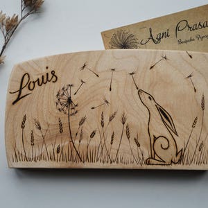 Personalised name plaque. Hare with dandelions or moon