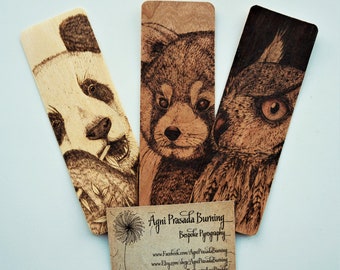 Pyrography animal bookmark, handmade with original art, made to order