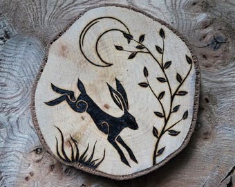 Leaping Celtic hare wood slice pyrography, original art for a wiccan home