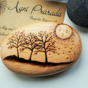 Pyrography Tree Pebble: Hand-Burned Wood Art, Good Luck Charm