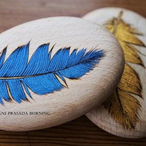 Peacock feather pyrography keepsake with personalisation