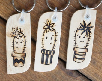 Sycamore Wood Cactus Keyring: Hand Burned Swear Word Gift
