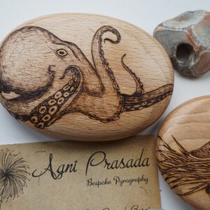 Octopus pyrography art, keepsake on solid wooden pebble, each one original image 5
