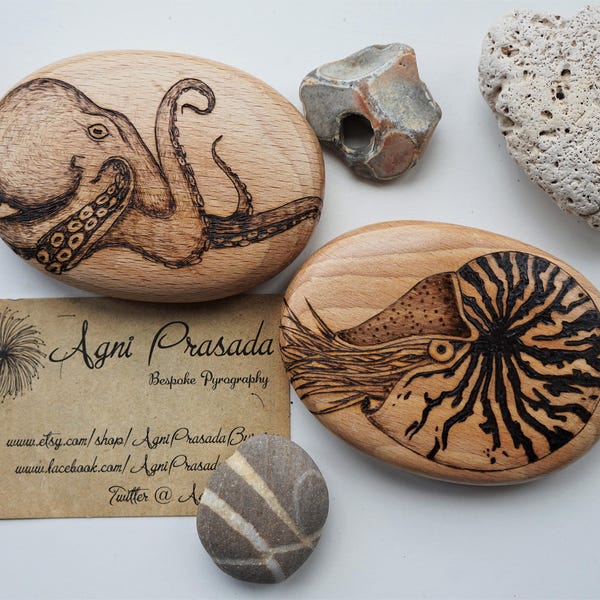 Octopus pyrography art, keepsake on solid wooden pebble, each one original