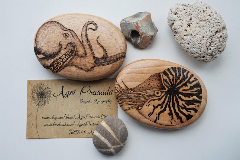 Octopus pyrography art, keepsake on solid wooden pebble, each one original image 1
