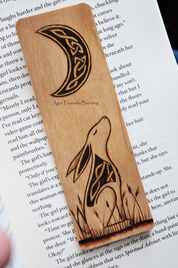 Celtic knot hare bookmark, wooden pyrography art keepsake