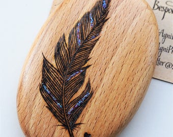 Wooden pyrography feather pebble, memorial gift, wedding gift