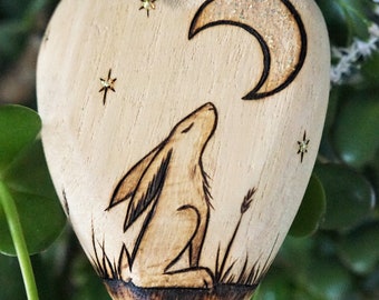 Moon gazing Hare Pyrography wooden heart, personalised gift