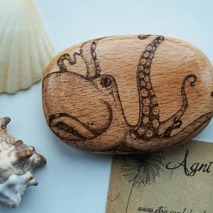 Octopus Pyrography Art, Keepsake on Solid Wooden Pebble, Each One ...