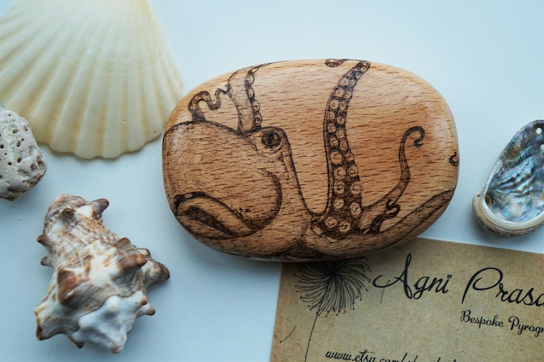 Octopus pyrography art, keepsake on solid wooden pebble, each one original image 2