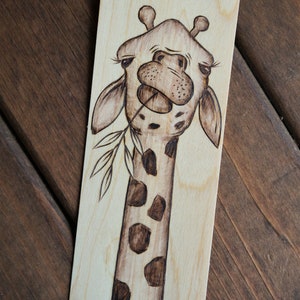 Wooden giraffe bookmark, hand burned pyrography design on wood veneer