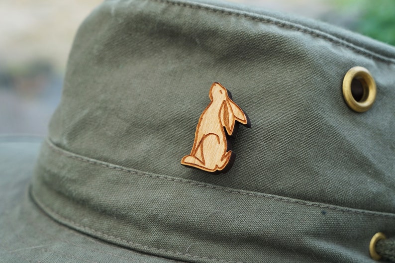 collectible brooch Moon Gazing Hare wooden pin badge