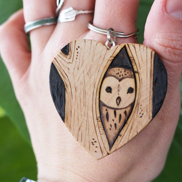 wooden owl keyring, teacher gift, barn owl