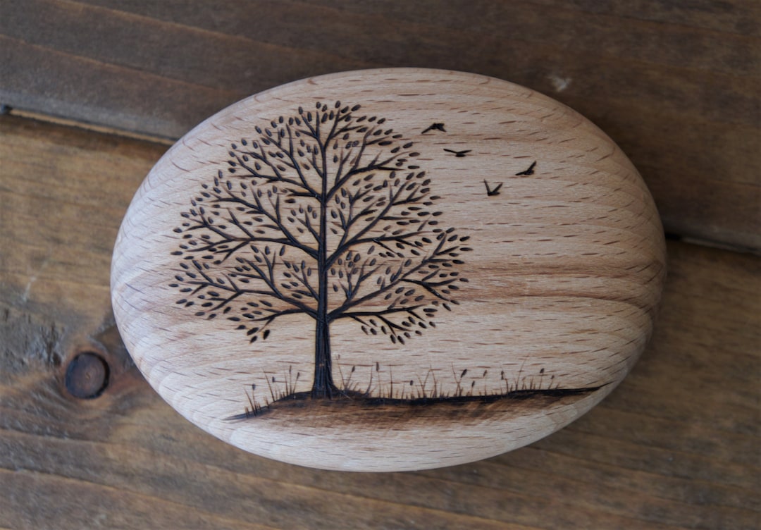 Tree of Life, Scenery Wood Art, Pyrography on Wooden Pebble, Each One ...