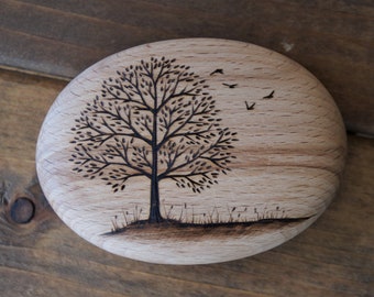 Tree of life, scenery wood art, pyrography on wooden pebble, each one unique