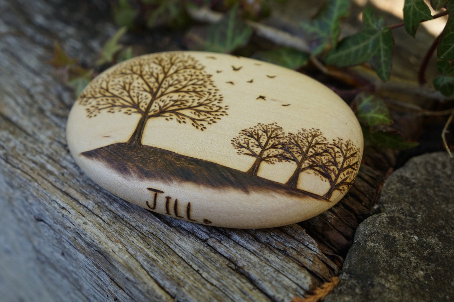 Tree of Life, Scenery Wood Art, Pyrography on Wooden Pebble, Each One ...