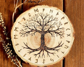 Yggdrasil tree of life Pyrography, Odin Norse sacred tree art