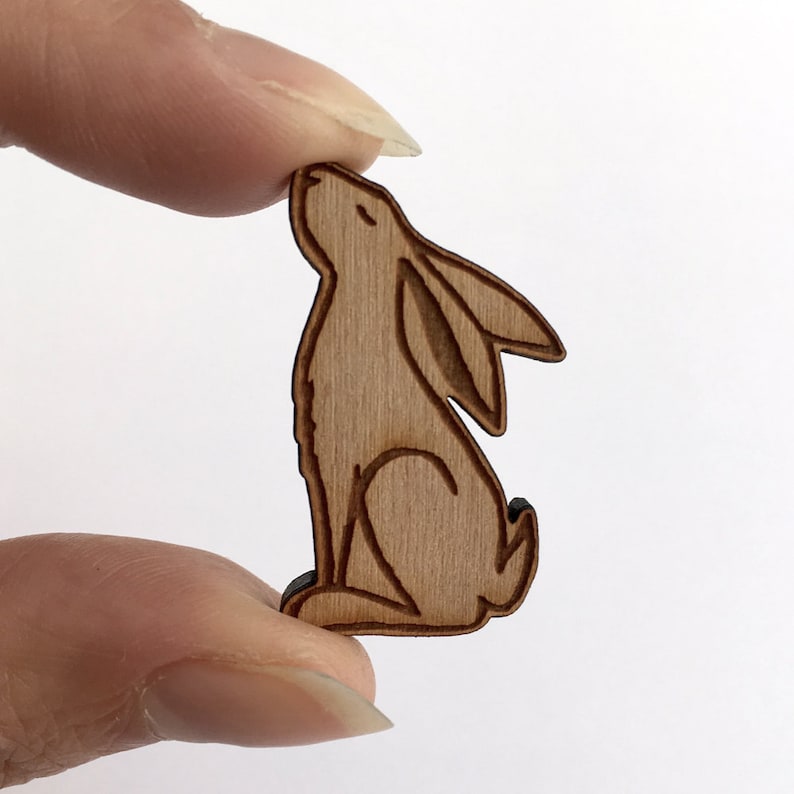 collectible brooch Moon Gazing Hare wooden pin badge