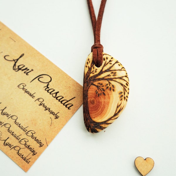 Wooden tree pendant, wooden necklace, natural jewellery, handmade jewellery, pyrography pendant, original art pendant, vegan jewellery