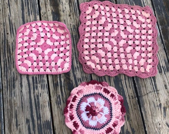 Vintage Crocheted Granny Square and Round Doily Pot Holder Set of Three Pink Lavender