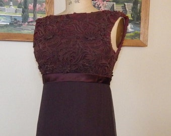 Vintage 1960s Brown Formal Sheath Dress 36 Bust Floral Applique Bodice Empire Waist Evening Gown