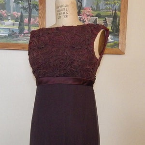 Vintage 1960s Brown Formal Sheath Dress 36 Bust Floral Applique Bodice Empire Waist Evening Gown