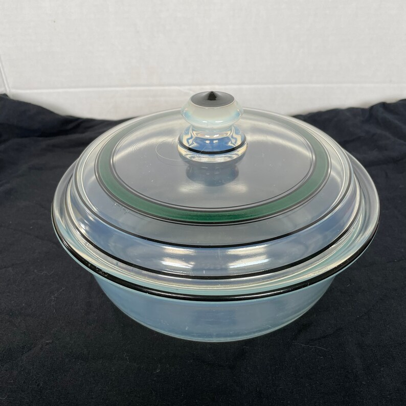 Fry Glass Foval Green shops Stripe Opalescent Pearl Casserole with lid Depression Glass 1920s 1930s