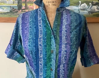 Vintage 1950s Day Dress Shirtwaist Style Blue Green Striped Womens Large 42 Bust