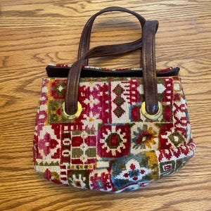 Vintage 60s 70s Carpet Bag Purse Bohemian Style Handbag Pink Red Olive Hippie