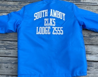 Vintage 70s Ladies Elks Club Jacket South Amboy NJ Insulated Car Coat Blue Womens M L Sportswear