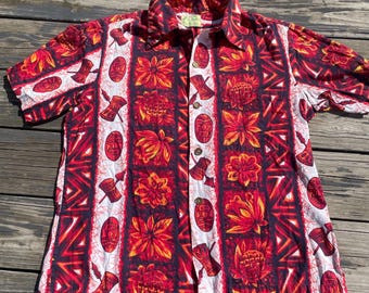 Vintage Hawaiian Aloha Shirt Tiki Mask Red Black 46 Chest Large XL