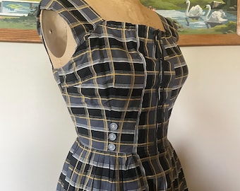 Vintage 1950s Womens Sleeveless Dress Black Gray Yellow Windowpane Plaid 36 bust